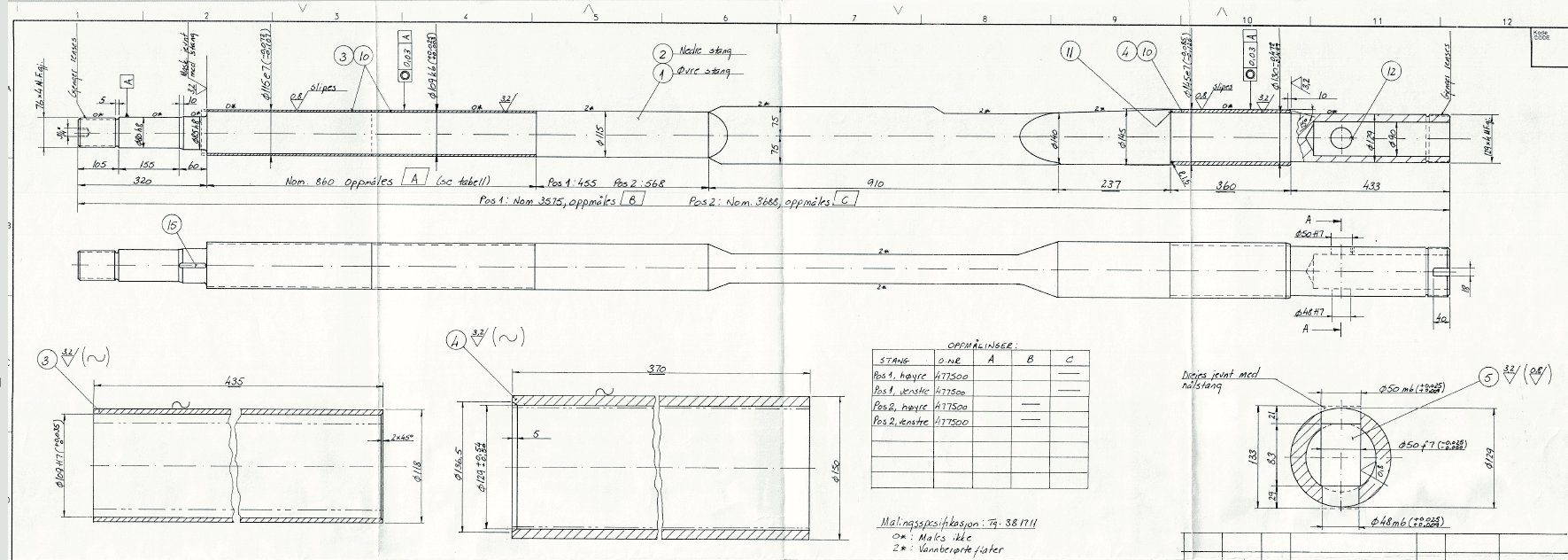 Engineering drawing of a multi-section needle rod with tolerances and surface-finish annotations